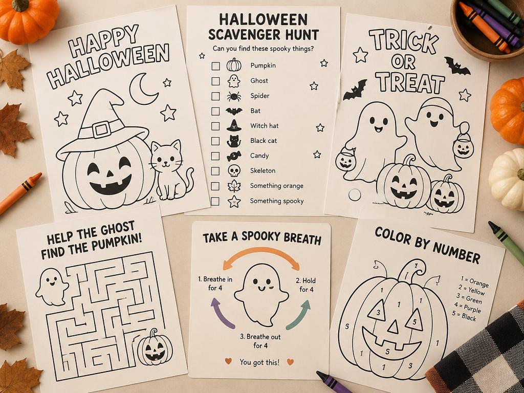 Free printable Halloween activity pack with coloring pages and a scavenger hunt