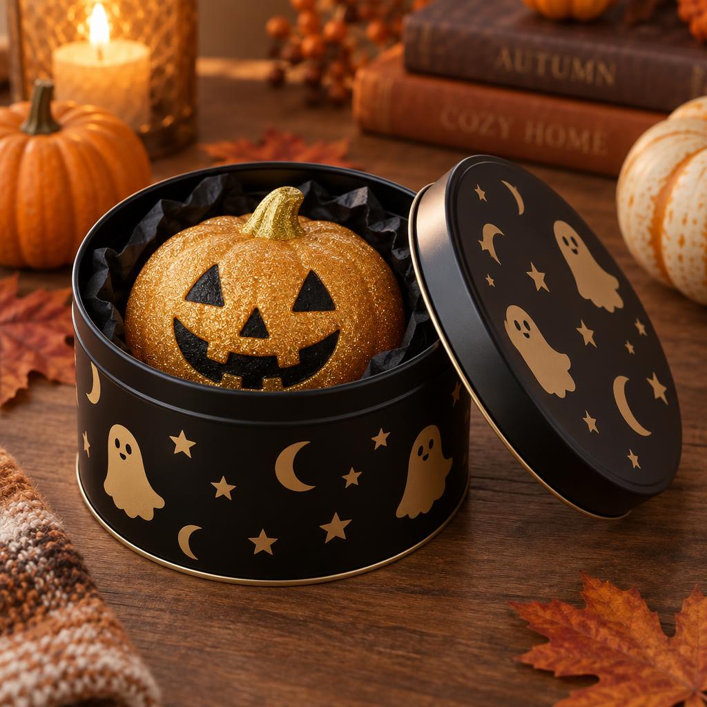 Gold glitter pumpkin squishy inside its reusable black keeper tin