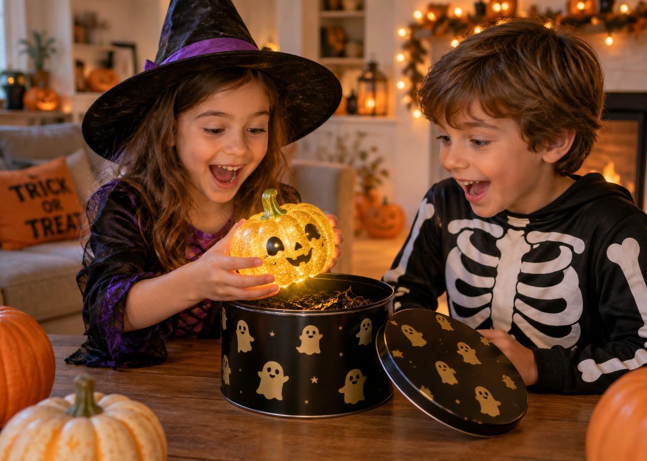 Kids in costume opening a keeper tin with a glitter pumpkin squishy inside