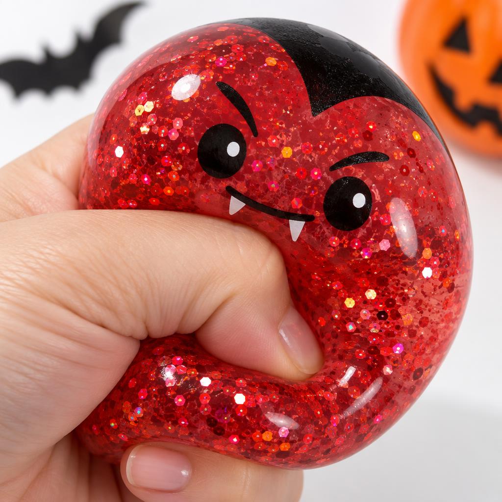 A hand squeezing the red glitter vampire squishy as it stretches